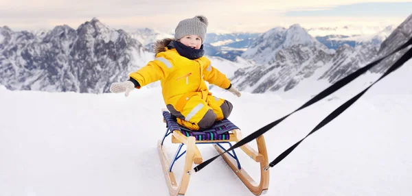Cute Caucasian Little Boy Sledding Alps Mountains Winter Fun Family — Stock Photo, Image