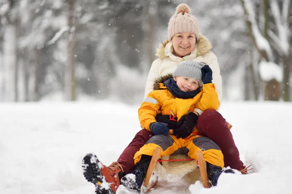 小さな少年と母 乳母降雪時公園でスライディングします 子供と家族のための屋外の冬のアクティビティ — ストック写真