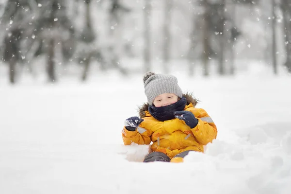 Χαριτωμένο Μικρό Αγόρι Που Έχει Διασκέδαση Στο Χιόνι Υπαίθρια Χειμερινές — Φωτογραφία Αρχείου