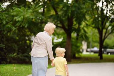 Güzel büyükannem ve onun küçük torun birlikte Park'ta yürüyordunuz. Büyükanne ve torunu elele. Aile zamanı