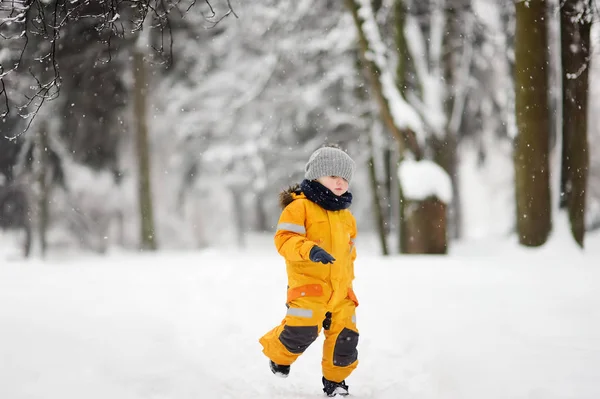 Lindo Niño Con Ropa Amarilla Invierno Entra Durante Una Nevada — Foto de Stock