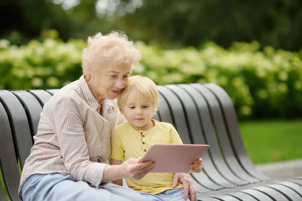 Bella Nonna Suo Nipotino Insieme Nel Parco Nonna Nipote Seduti — Foto Stock