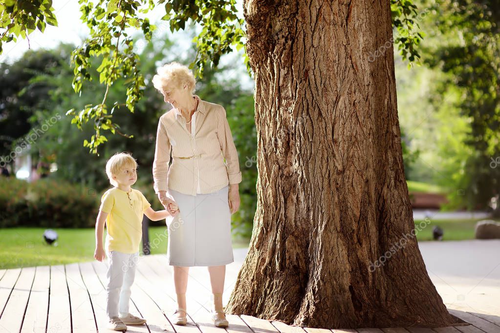 Beautiful granny and her little grandchild together walking. Grandma and grandson talking. Family communication concepts. Active longevity concepts.
