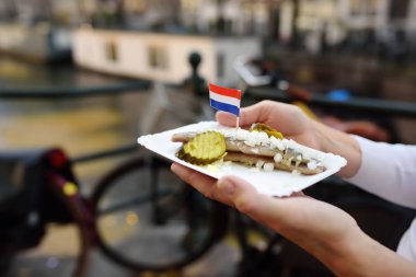 Kadın Amsterdam, Hollanda, fastfood pazarında plaka ünlü ringa balığı soğan ve salatalık ile tutun. Geleneksel Hollanda gıda.