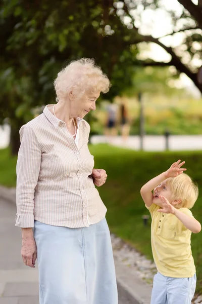 Schöne Oma Und Ihr Kleines Enkelkind Beim Gemeinsamen Gehen Oma — Stockfoto