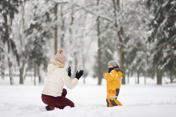 Schattige Kleine Jongen Oma Oppas Moeder Spelen Sneeuwballen Winter Park — Stockfoto