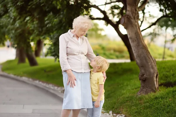 Beautiful Granny Her Little Grandchild Walking Together Park Grandma Grandson — Stock Photo, Image