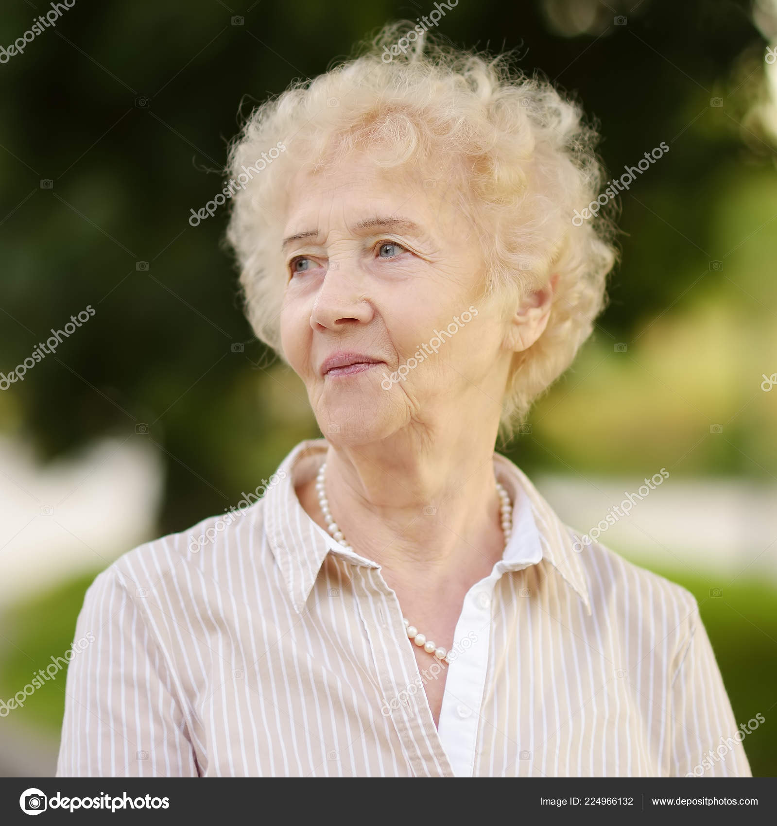 Outdoors Portrait Beautiful Smiling Senior Woman Curly White Hair