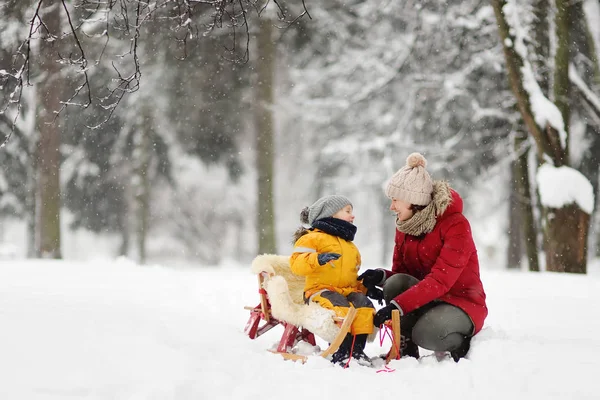 冬の公園でそり中に小さな子供と母 乳母の話します 家族冬活動アウトドア — ストック写真