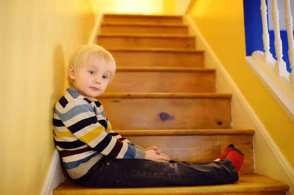 Cute Little Boy Striped Jumper Stairs Home Autism Concept — Stock Photo, Image