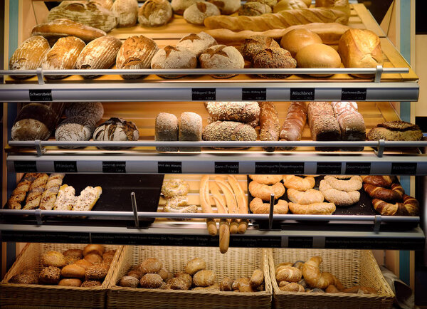 Freshly baked gourmet bread for sale in a German bakery. Local traditional bread.