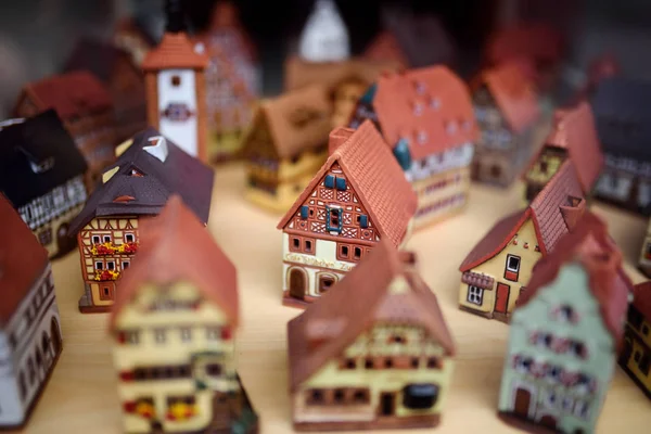 Decorative Ceramic Houses Candle Holders Shelf Christmas Marketplace Xmas Market — Stock Photo, Image