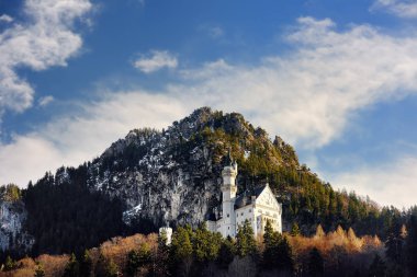 Royal castle Neuschwanstein ve çevresi Bavyera, Almanya (Deutschland) muhteşem sahne. Ünlü Bavyera hedef işareti güneşli karlı kış gününde.