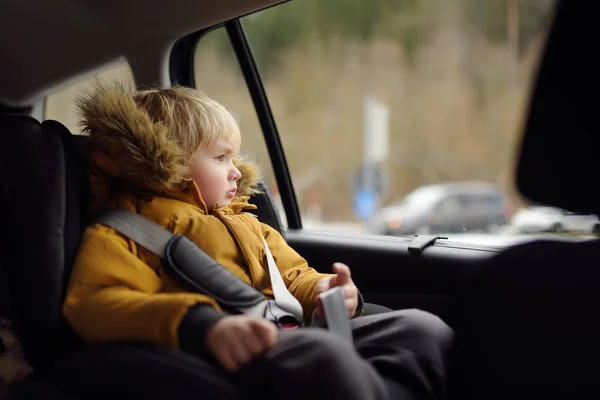 Retrato Niño Pequeño Guapo Sentado Asiento Del Coche Durante Viaje — Foto de Stock