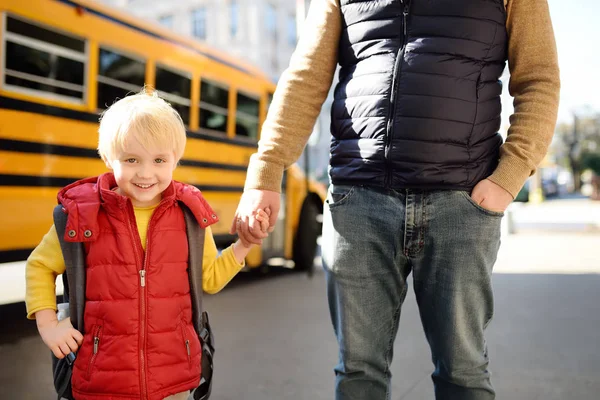 Elementary Student Hold Hands His Father Yellow School Bus Background — Stock Photo, Image