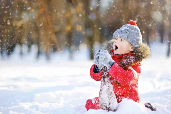 Having Oyunculuk Ile Kar Kırmızı Kış Giysileri Içindeki Küçük Çocuk — Stok fotoğraf