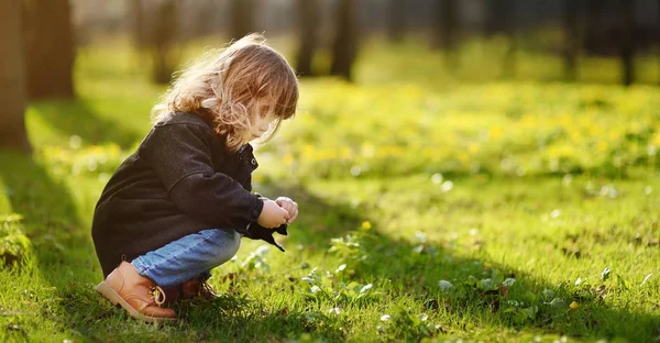 Schattig Klein Meisje Buiten Portret Zonnige Lente Charmante Krullend Lief — Stockfoto