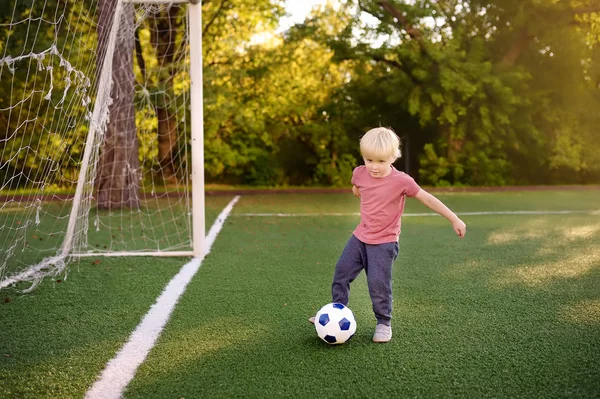 Menino Divertindo Jogando Jogo Futebol Futebol Dia Verão Ativo Livre — Fotografia de Stock