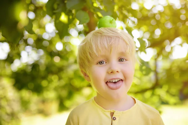 Malý Kluk Baví Apple Hlavu Domácí Zahradě Hra Děti Letní — Stock fotografie