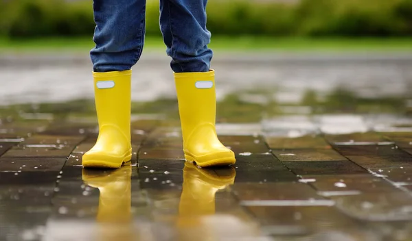 Little Boy Wearing Yellow Rubber Boots Walking Rainy Summer Day — Stock  Photo © mary_smn #383110882