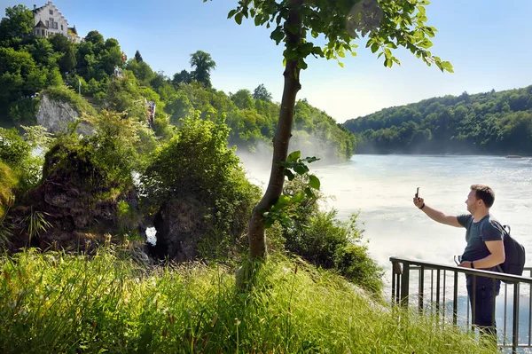 Mature Man Taking Photo Rhine Falls Switzerland Famous Rheinfalls Largest — ストック写真