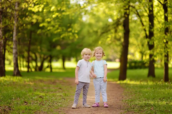 日当たりの良い夏の公園で遊ぶかわいい小さな子供たち幼児の男の子と女の子 親友たちです 自然に一緒に幼児の兄弟です 子供が手を繋いでいます — ストック写真