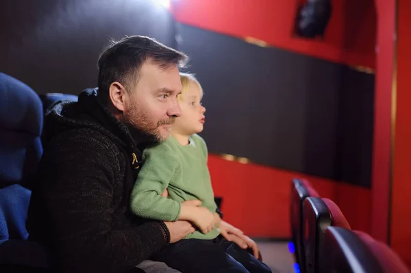 Cute Little Boy His Father Watching Cartoon Movie Cinema Leisure — Stock Photo, Image