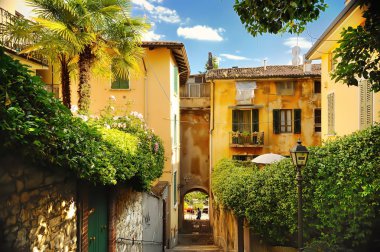 Roma, İtalya, Trastevere eski sokakta. Dar yeşil sokak. Turizm ve seyahat İtalya tarafından.