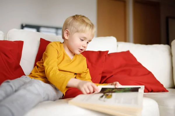 Niño Está Sentado Casa Sofá Leyendo Libro Aprender Leer Concepto —  Fotos de Stock