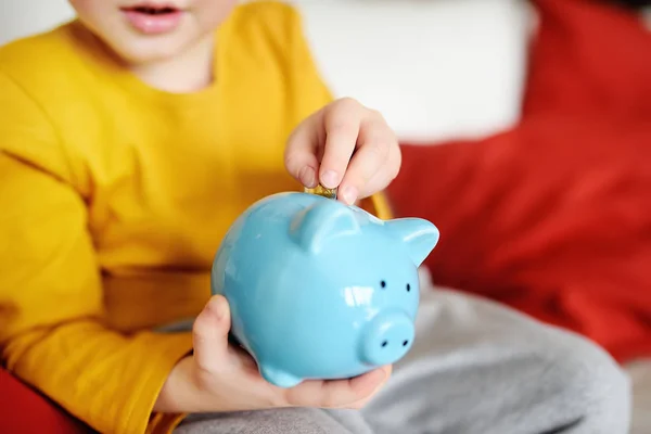 Little Boy Putting Coin Piggy Bank Education Children Financial Literacy — Stock Photo, Image