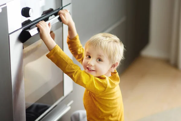 Charming Boy Waiting Preparing Food Domestic Kitchen Little Mom Helper — Stock Photo, Image