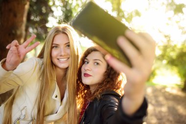 İki güzel genç kadın selfie güneşli park üzerinde almak. Kız arkadaşım. Teknoloji.