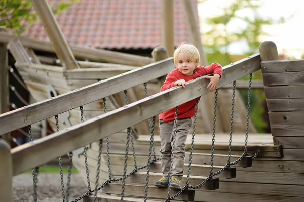 Happy Little Boy Having Fun Outdoor Playground Autumn Fall Spring — Stock Photo, Image