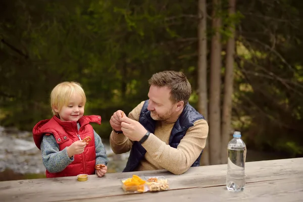 小男孩和他的父亲在瑞士山河沿岸野餐时吃零食 健康的儿童小吃 有孩子的家庭有优质的家庭时间 — 图库照片