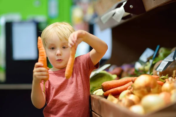 Cute little boy in a food store or a supermarket choosing fresh organic carrots. Healthy lifestyle for young family with kids