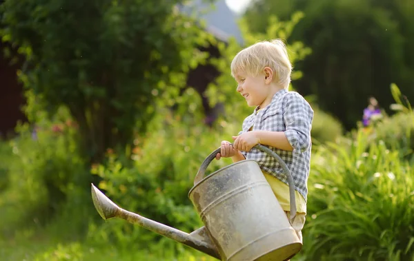 Mignon Tout Petit Garçon Arrosant Des Plantes Dans Jardin Journée — Photo