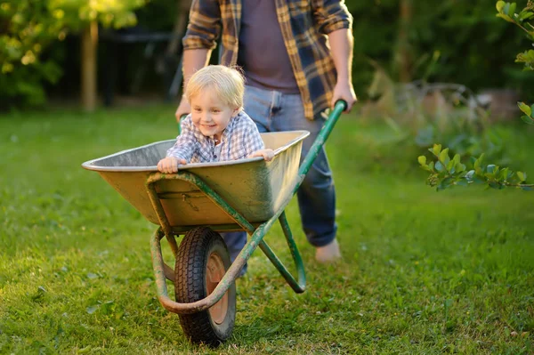 Щасливий Маленький Хлопчик Розважається Інвалідному Візку Штовхаючи Тата Домашній Сад — стокове фото