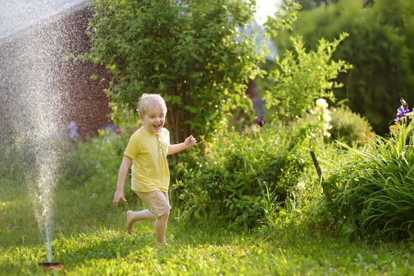 Lustiger Kleiner Junge Der Mit Gartensprenger Sonnigen Hinterhof Spielt Vorschulkinder — Stockfoto