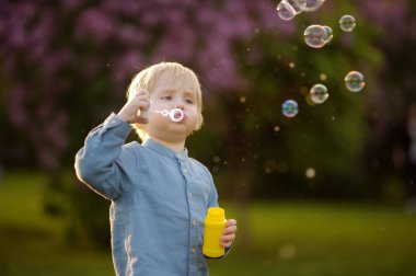 Güzel yaz parkta sabun köpüğü üfleme şirin ufaklık. Yürümeye başlayan çocuk için etkin boş