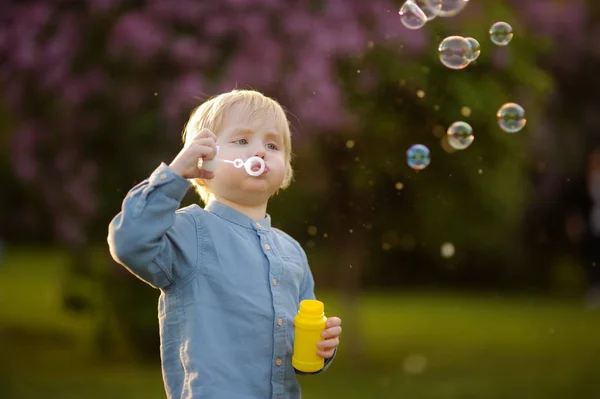 Joli Petit Garçon Soufflant Des Bulles Savon Dans Beau Parc — Photo