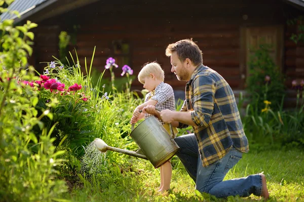 Mann mittleren Alters und sein kleiner Sohn gießen an einem sonnigen Sommertag Blumen im Garten — Stockfoto