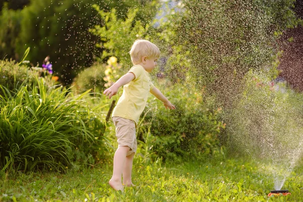 Lustiger kleiner Junge spielt mit Gartensprenger im sonnigen Hinterhof — Stockfoto