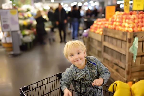 Liten pojke med shoppingvagn i en mataffär eller en stormarknad — Stockfoto
