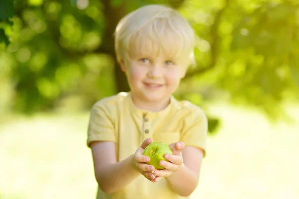 Niño divirtiéndose con manzana en el jardín doméstico . — Foto de Stock