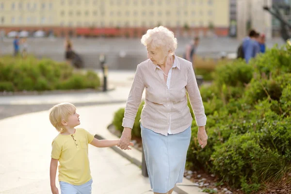 Bella nonna e il suo nipotino camminare insieme nel parco . — Foto Stock