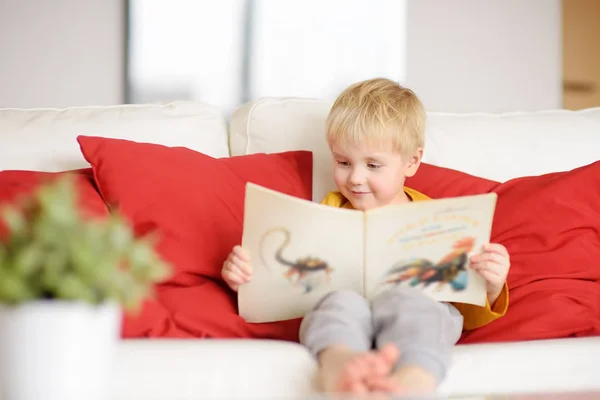 Little boy is sitting at home on the couch and reading a book. Learning to read. — Stock Photo, Image