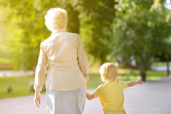 Mooie oma en haar kleine kleinkind samen wandelen in Park. — Stockfoto
