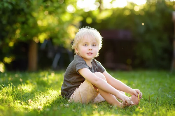 Mooie jongen zit op het gras op een zonnige zomerdag. Gelukkige kindertijd. — Stockfoto
