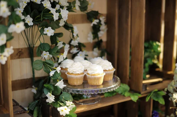 美味的五颜六色的婚礼纸杯蛋糕与花. — 图库照片