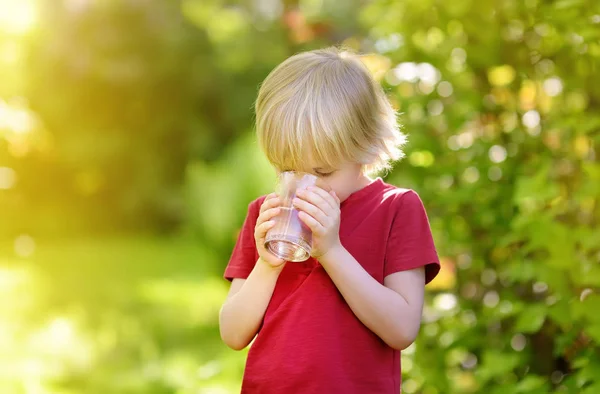Kleine jongen drinken glas water in warme zonnige zomerdag op de achtertuin of thuis tuin — Stockfoto